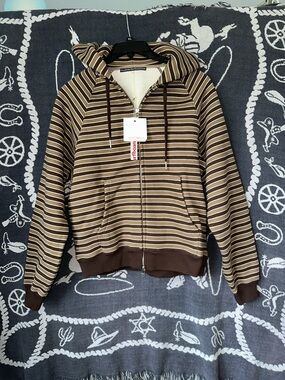 Stockholm club Striped Brown Zip-Up Hoodie Sweater